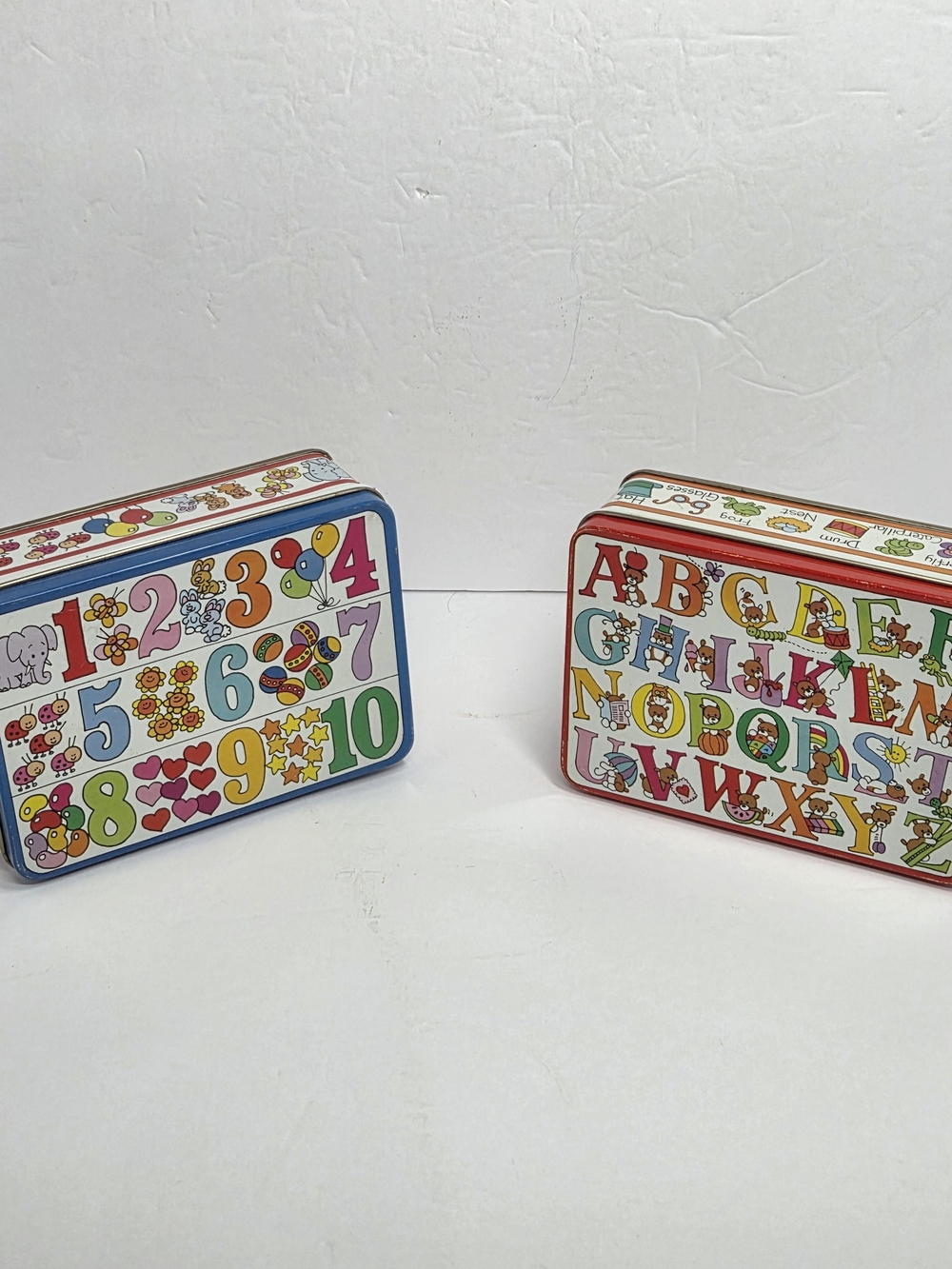 J.S.N.Y. Tin Boxes Set Multicolor Numbers Alphabet 1970s Decorative Collectible